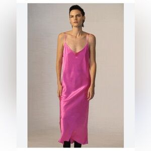 NWT KES 100% Silk Hot Pink Magenta Adjustable Strap Midi Slip Dress XL